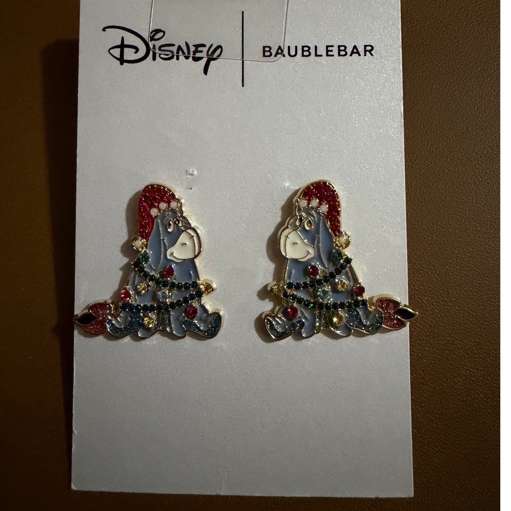 Disney BaubleBar Eeyore Christmas Earrings Santa Hat Holiday Lights Studs New